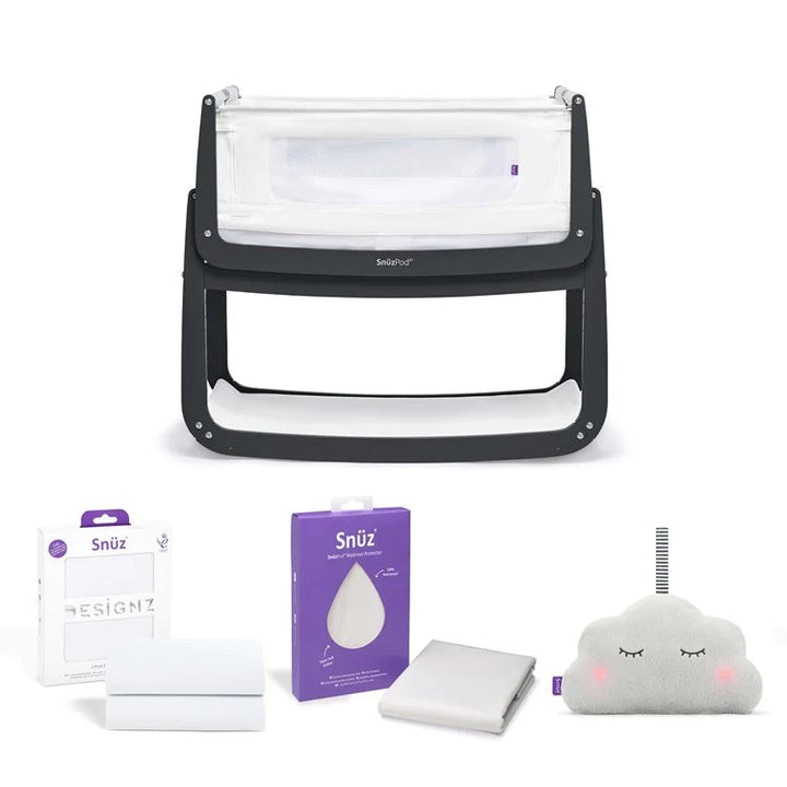 SnuzPod4 Bedside Crib Starter Bundle - Slate (White sheets)