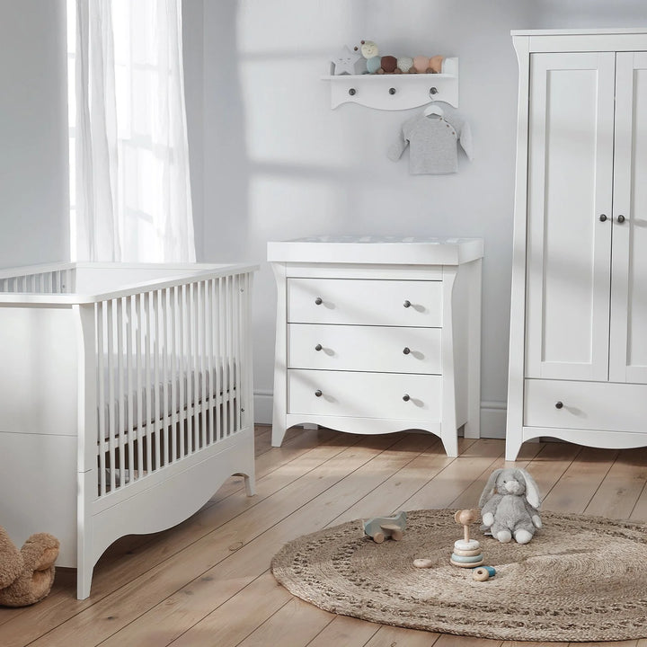 Cuddleco Clara 3 Piece Nursery Furniture Set (Cot Bed, Dresser & Wardrobe) - White