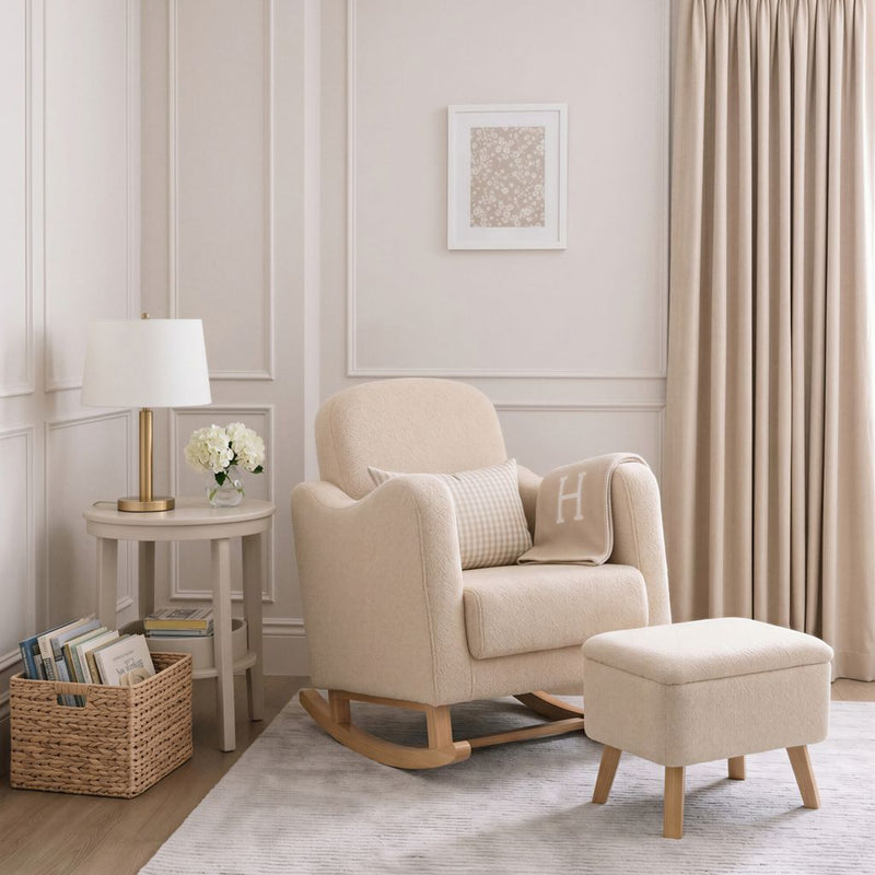 Bebe & Beyond Soother Nursing Chair + Stool – Boucle Collection Oat