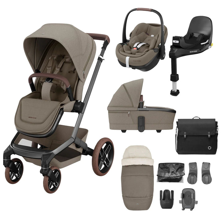 Maxi-Cosi Fame 10 Piece Premium Travel System - Twillic Truffle/Brown Wheels