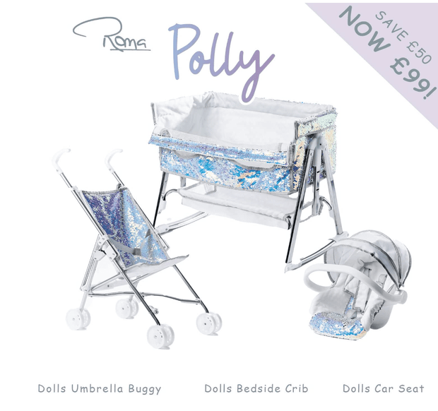 Roma Polly Dolls Buggy, Crib and Car Seat Bundle