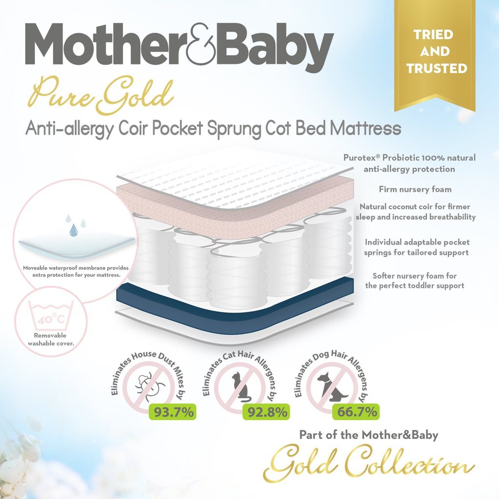 Mother&Baby Pure Gold Anti-Allergy Coir Pocket Sprung Cot bed Mattress 140 x 70cm