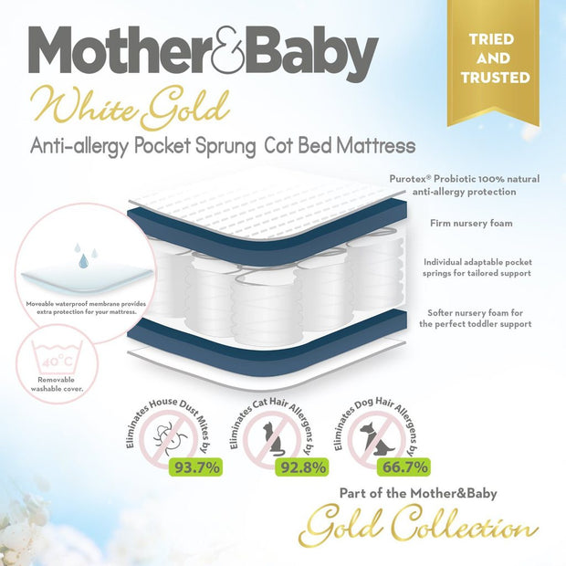 Mother&Baby White Gold Anti-Allergy Pocket Sprung Cot bed Mattress 140 x 70cm