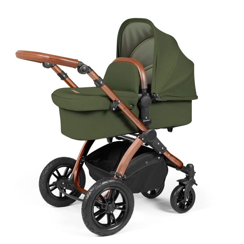 Ickle Bubba Stomp Luxe 14 Piece Travel System & Home Bundle Inc Cirrus Car Seat + Isofix Base - Woodland/Bronze/Tan
