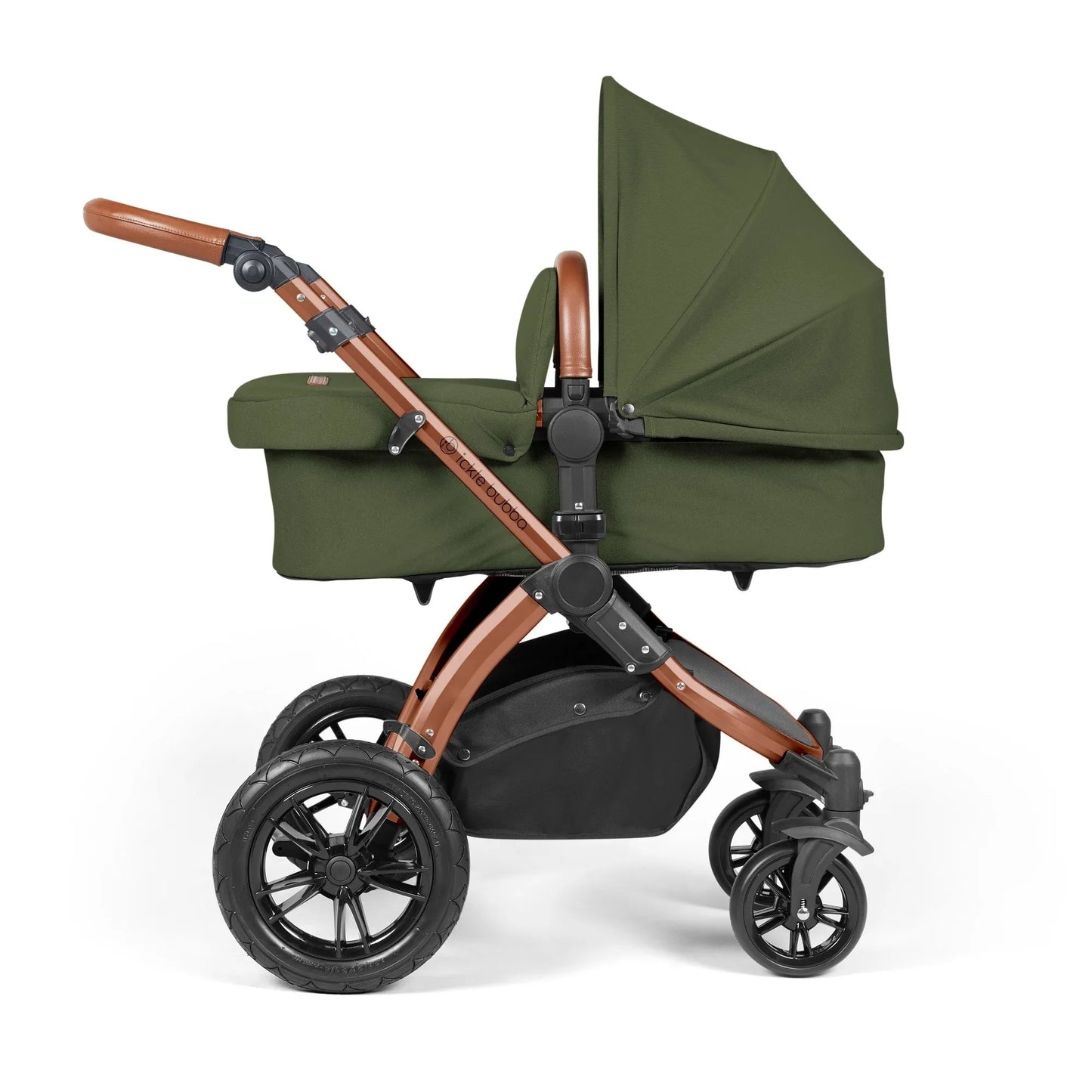 Ickle Bubba Stomp Luxe 14 Piece Travel System & Home Bundle Inc Cirrus Car Seat + Isofix Base - Woodland/Bronze/Tan