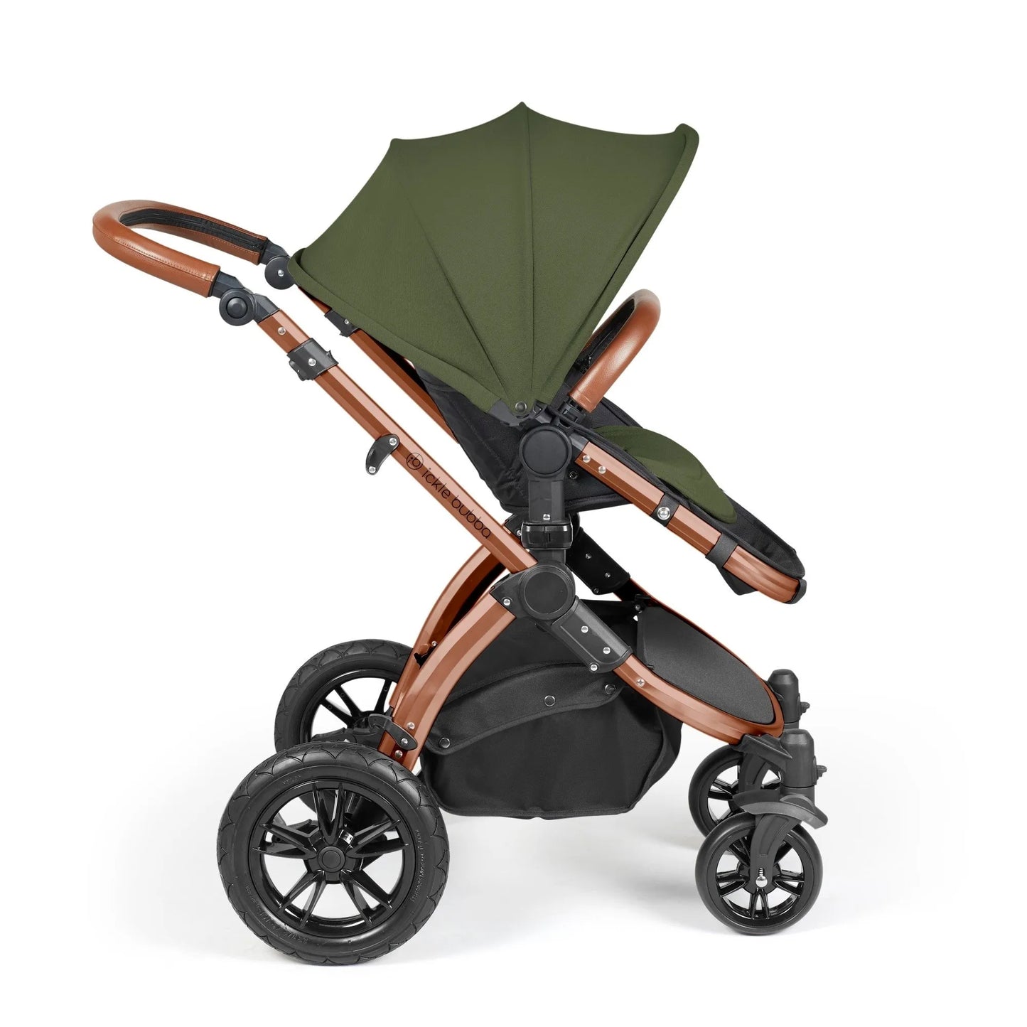 Ickle Bubba Stomp Luxe 14 Piece Travel System & Home Bundle Inc Cirrus Car Seat + Isofix Base - Woodland/Bronze/Tan