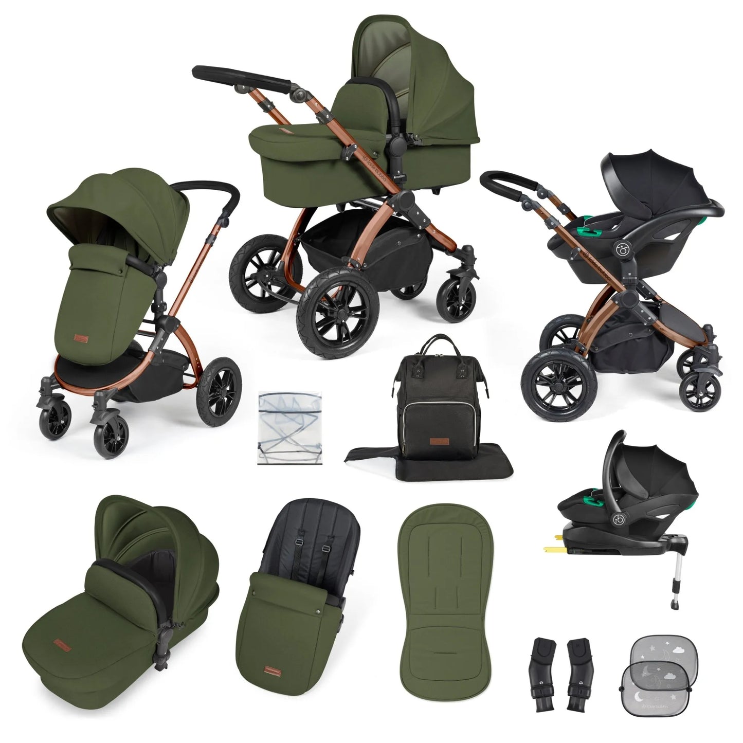 Ickle Bubba Stomp Luxe 12 Piece Cirrus Travel System + Isofix Base - Woodland Bronze/Black