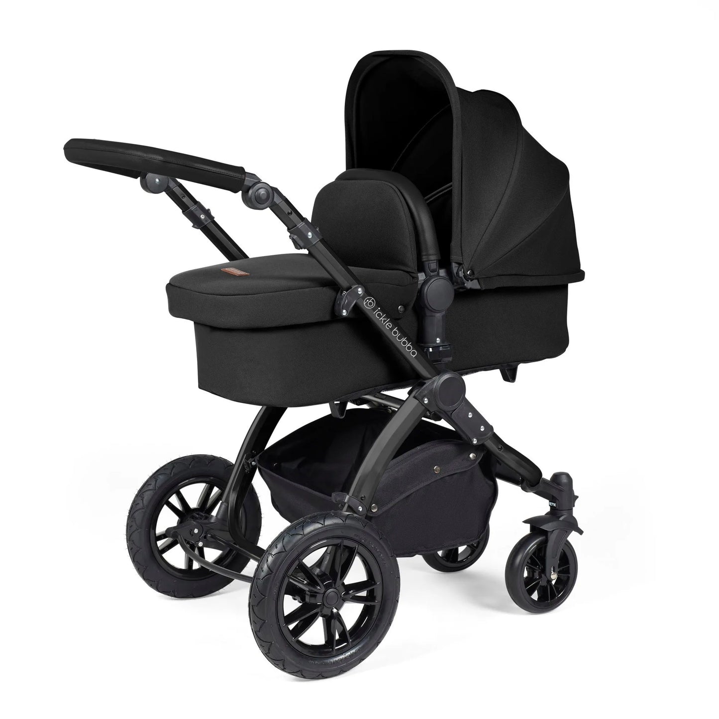 Ickle Bubba Stomp Luxe 14 Piece Travel System & Home Bundle Inc Cirrus Car Seat + Isofix Base - Black/Midnight/Black