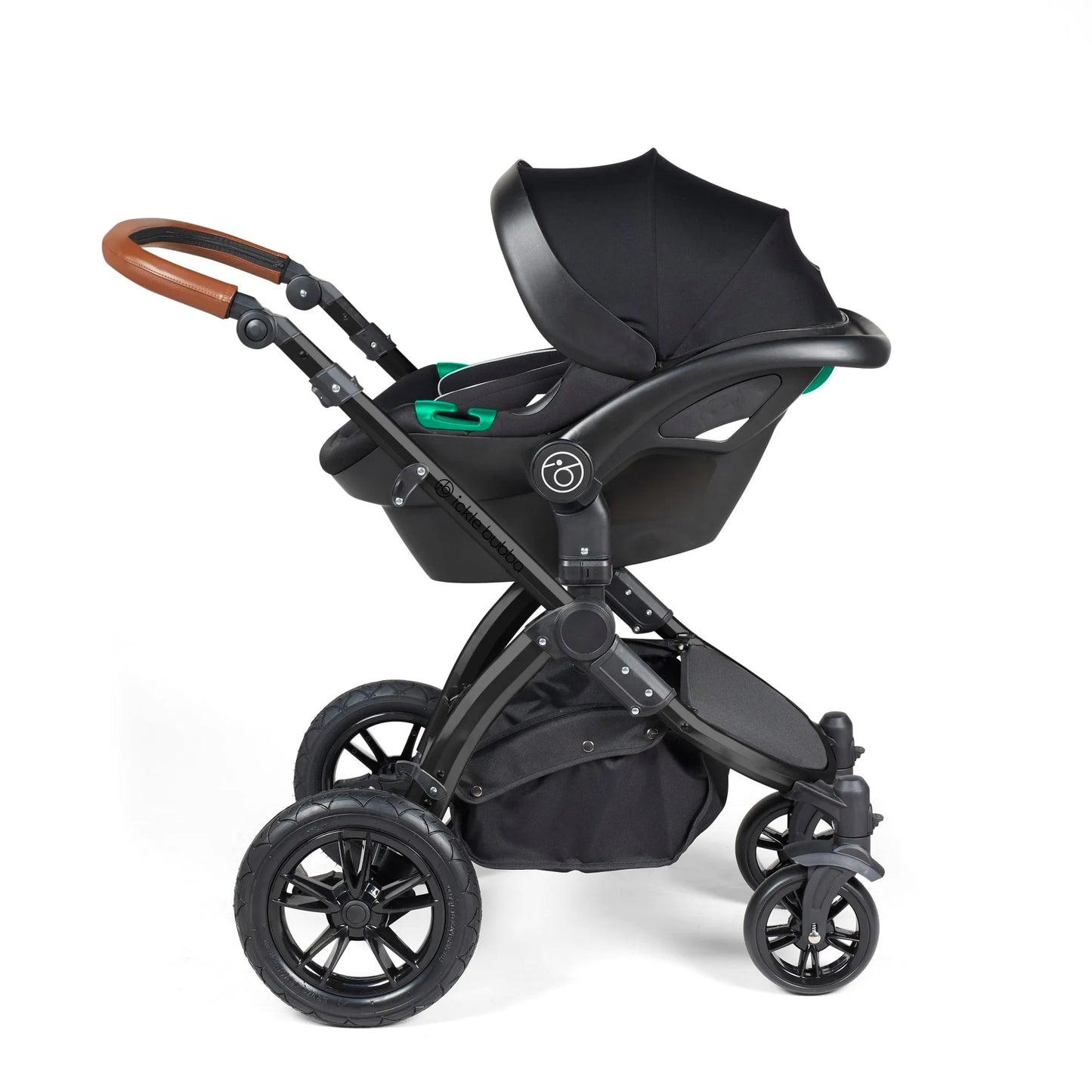 Ickle Bubba Stomp Luxe 14 Piece Travel System & Home Bundle Inc Cirrus Car Seat + Isofix Base - Black/Midnight/Tan