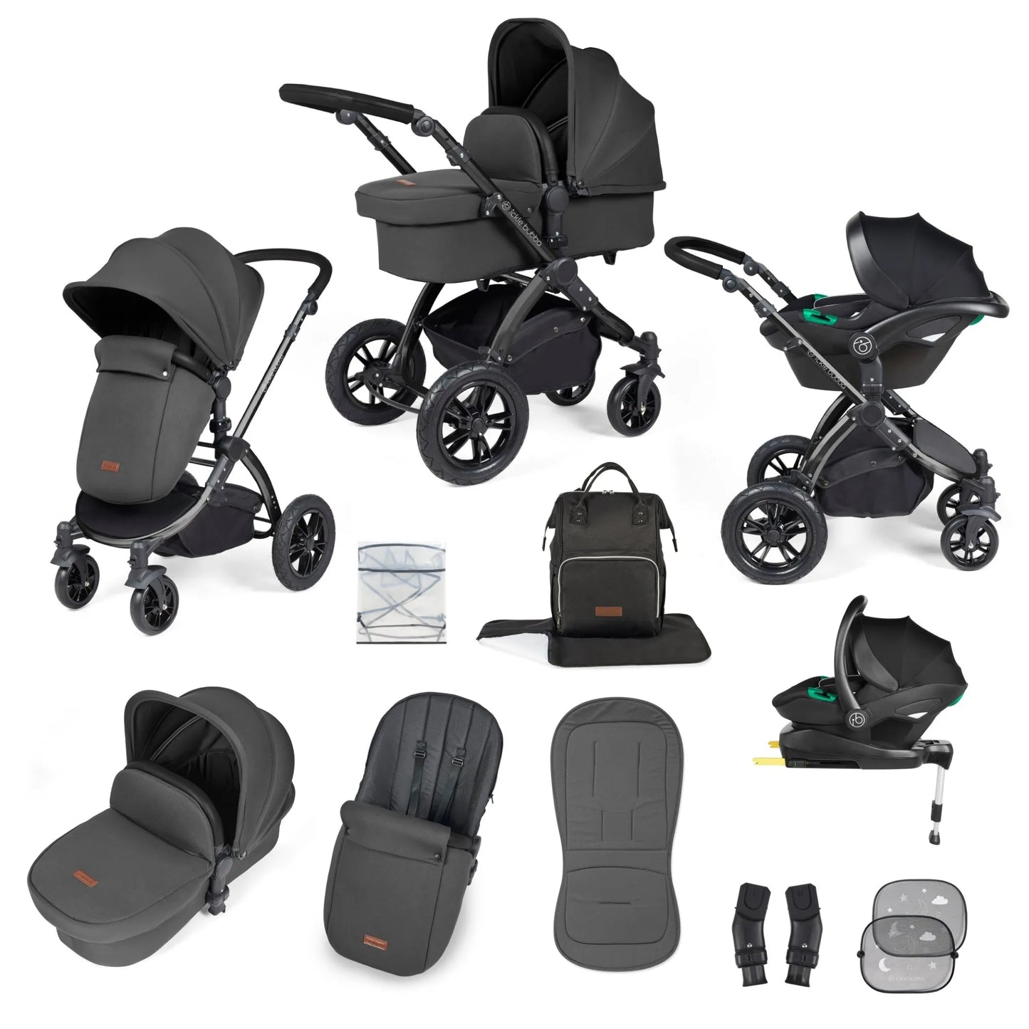 Ickle Bubba Stomp Luxe 12 Piece Cirrus Travel System + Isofix Base - Charcoal Grey/Black/Black