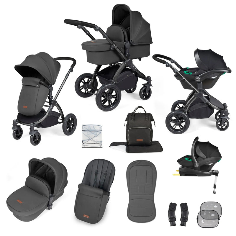 Ickle Bubba Stomp Luxe 12 Piece Cirrus Travel System + Isofix Base - Charcoal Grey/Black/Black