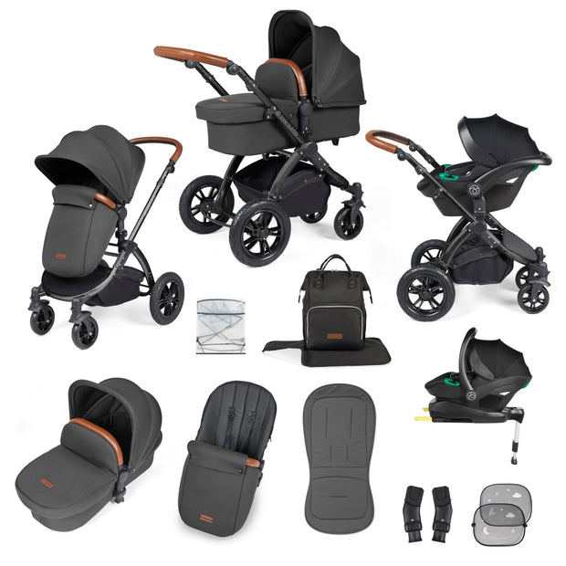 Ickle Bubba Stomp Luxe All in One Premium Travel System with ISOFIX Base - Charcoal Grey Black/Tan