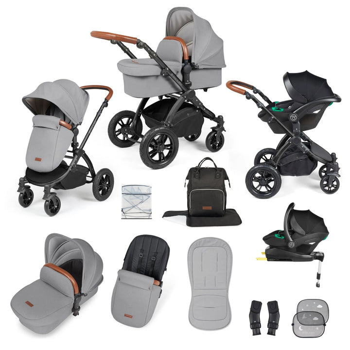 Ickle Bubba Stomp Luxe All in One Premium Travel System with ISOFIX Base - Pearl Grey Black/Tan