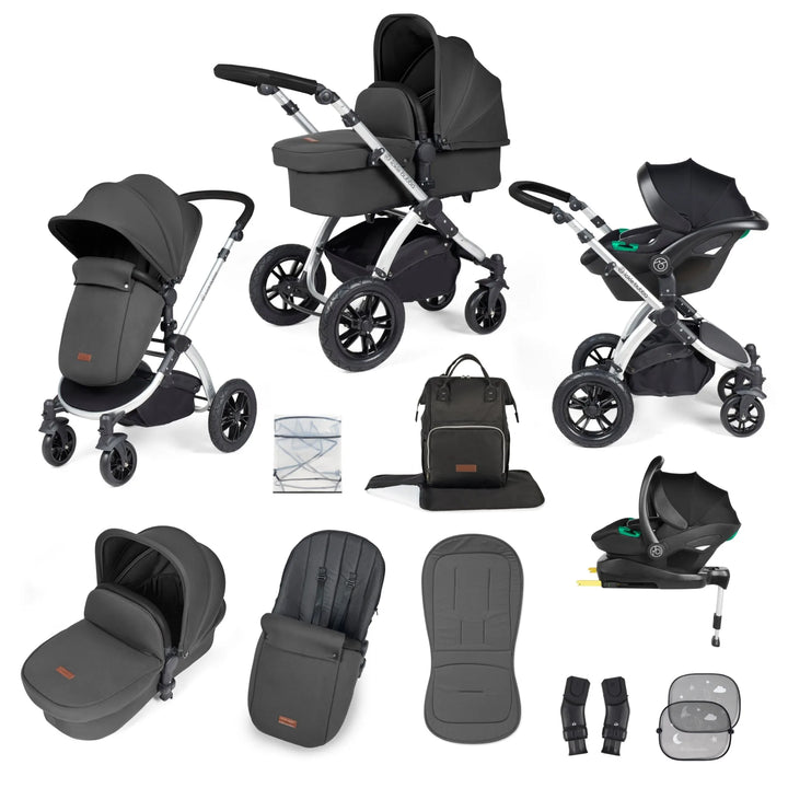 Ickle Bubba Stomp Luxe All in One Premium Travel System with ISOFIX Base - Charcoal Grey Chrome/Black