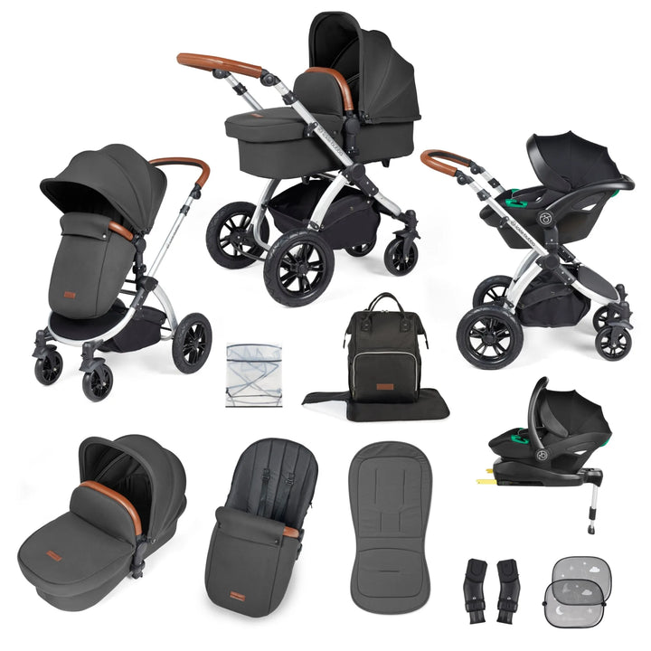 Ickle Bubba Stomp Luxe All in One Premium Travel System with ISOFIX Base - Charcoal Grey Chrome/Tan