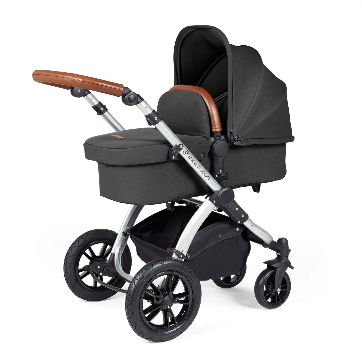 Ickle Bubba Stomp Luxe 12 Piece Cirrus Travel System + Isofix Base - Charcoal Grey/Silver/Tan