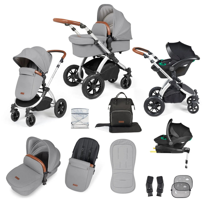 Ickle Bubba Stomp Luxe All in One Premium Travel System with ISOFIX Base - Pearl Grey Silver/Tan