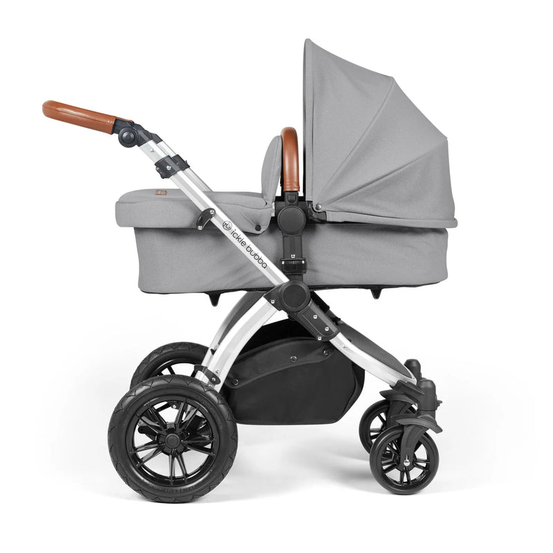 Ickle Bubba Stomp Luxe 12 Piece Cirrus Travel System + Isofix Base - Pearl Grey Silver/Tan