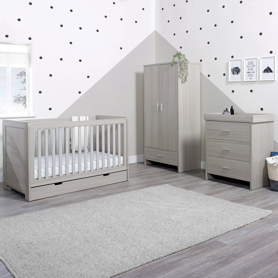 Ickle Bubba Pembrey 3 Piece Furniture Set and Under Drawer - Ash Grey Inc Premium Sprung Mattress