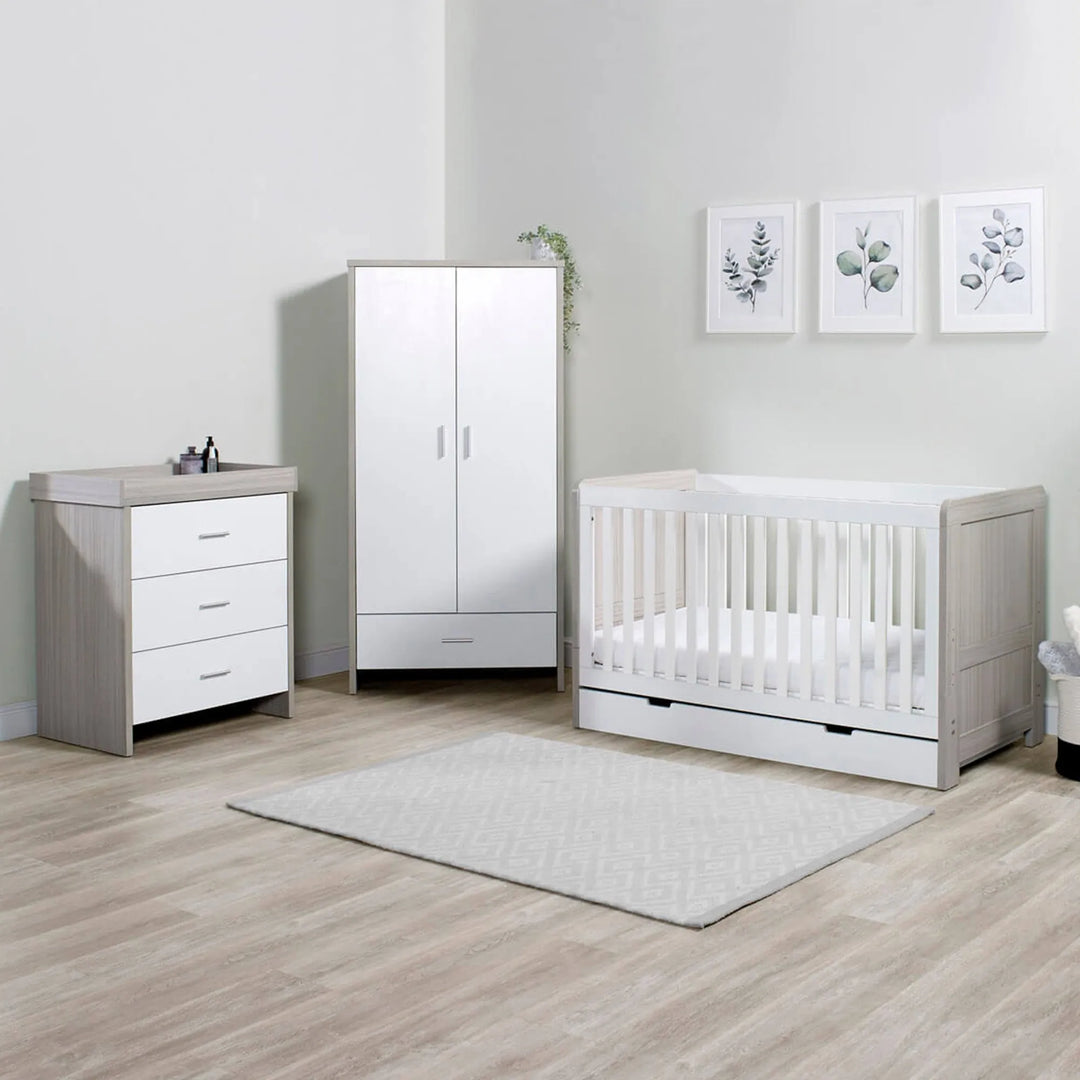 Ickle Bubba Pembrey 3 Piece Furniture Set and Under Drawer - White/Ash Grey Inc Premium Sprung Mattress