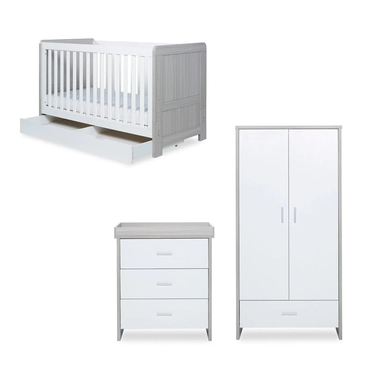 Ickle Bubba Pembrey 3 Piece Furniture Set and Under Drawer - White/Ash Grey Inc Premium Sprung Mattress