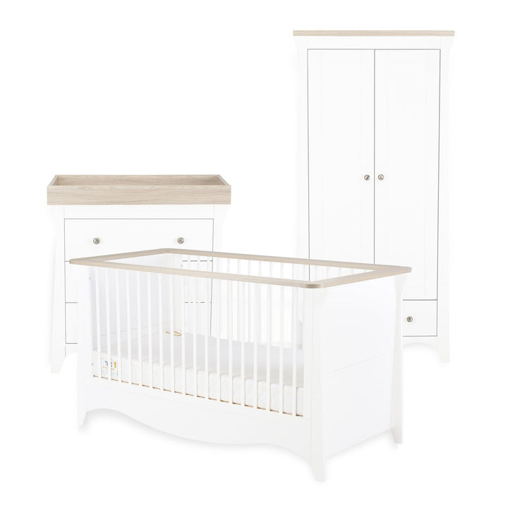 Clara 3 Piece Nursery Furniture Set (Cot Bed, Wardrobe & Dresser) - White & Ash