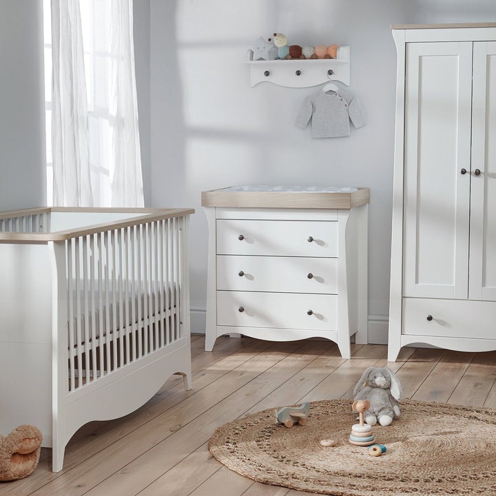 Clara 3 Piece Nursery Furniture Set (Cot Bed, Wardrobe & Dresser) - White & Ash