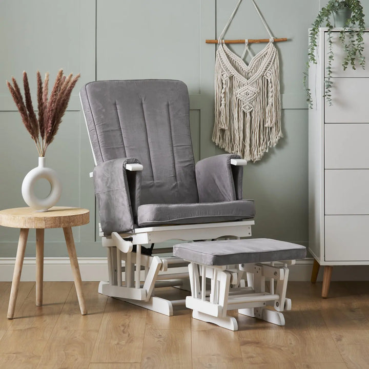 Obaby Deluxe Reclining Glider Chair and Stool - White/Grey Cushion