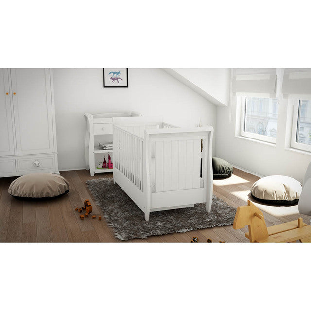 Babymore Stella Sleigh Drop Side Cot Bed - White