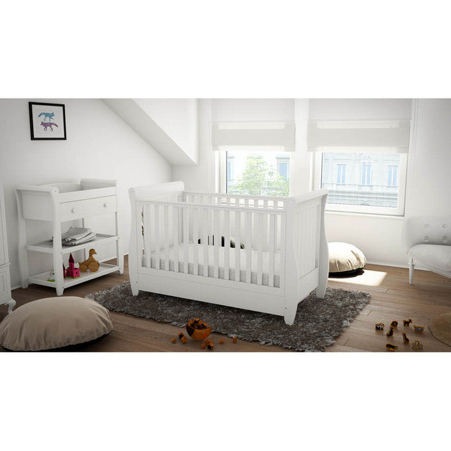 Babymore Stella Sleigh Drop Side Cot Bed - White