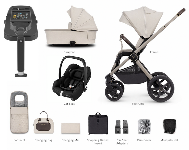 Venicci Tinum Upline 4in1 Travel System in Stone Beige with Maxi-Cosi Cabriofix i-Size Car Sear & Base