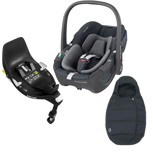 Maxi-Cosi Pebble 360, Family Fix 360 Base & Car Seat Footmuff Bundle Essential Graphite