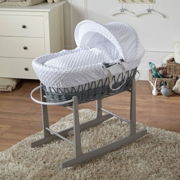 White Dimple Grey Wicker Moses Basket with Grey Rocking Stand